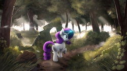 Size: 4000x2250 | Tagged: safe, artist:blackligerth, rarity, pony, unicorn, g4, butt, female, forest, glowing horn, horn, mare, plot, raised hoof, smiling, solo, sunlight, tree, water