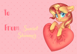 Size: 2894x2039 | Tagged: safe, artist:sannykat, sunset shimmer, pony, unicorn, g4, cute, female, heart, high res, holiday, looking at you, mare, shimmerbetes, smiling, valentine's day, valentine's day card