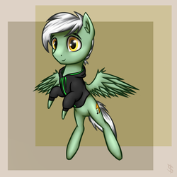 Size: 1000x1000 | Tagged: safe, artist:6editor9, oc, oc only, oc:energytone, pegasus, pony, abstract background, chibi, clothes, flying, hoodie, male, solo, stallion