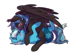Size: 1400x1010 | Tagged: safe, artist:raponee, oc, oc:midnight light, oc:snow sailor, pegasus, pony, unicorn, blushing, boop, cuddling, cute, ear fluff, eye contact, female, horn, jewelry, looking at each other, lying down, lying on top of someone, male, mare, mlem, noseboop, oc x oc, pegasus oc, pendant, shipping, silly, simple background, smiling, snolight, spread wings, stallion, straight, tongue out, transparent background, unicorn oc, wings