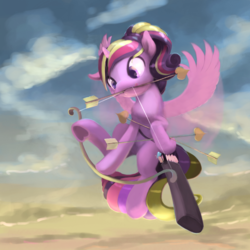 Size: 878x878 | Tagged: safe, artist:bakuel, princess cadance, alicorn, pony, g4, arrow, bow (weapon), bow and arrow, cupid, cupidance, female, flying, heart arrow, horn, mare, princess, princess of shipping, quiver, solo, weapon, wings