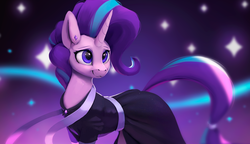 Size: 1200x693 | Tagged: safe, artist:rodrigues404, starlight glimmer, pony, unicorn, g4, clothes, dress, ear piercing, female, gala dress, gem, horn, mare, piercing, smiling, solo, tail bracelet