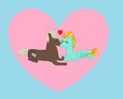 Size: 1024x821 | Tagged: safe, artist:jwwprod, dumbbell, lightning dust, g4, eyes closed, female, happy, heart, hearts and hooves day, holding hooves, holiday, kissing, lightningbell, lying down, male, shipping, straight, valentine's day