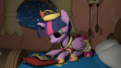 Size: 1920x1080 | Tagged: safe, artist:dazzion, artist:oc1024, twilight sparkle, alicorn, pony, g4, 3d, bed, big crown thingy, book, clothes, coronation dress, crown, dress, female, golden oaks library, jewelry, regalia, shoes, solo, source filmmaker, source flimmaker, twilight sparkle (alicorn)