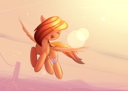 Size: 2560x1810 | Tagged: safe, artist:justafallingstar, oc, oc only, pegasus, pony, bandage, eyes closed, female, flying, lens flare, mare, open mouth, solo