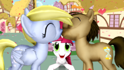 Size: 1920x1080 | Tagged: safe, artist:mario-mcfly, derpy hooves, doctor whooves, time turner, g4, 3d, female, kissing, male, roseluck the shipper, ship:doctorderpy, shipper on deck, shipping, straight