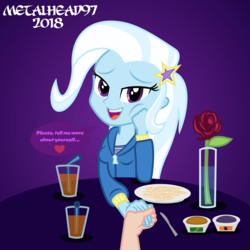 Size: 3997x3997 | Tagged: safe, artist:metalhead97, trixie, equestria girls, beautiful, crackers, cute, diatrixes, dinner, dinner table, flower, food, heart, holding hands, holiday, jelly, juice, knife, looking at you, male, male pov, musician, offscreen character, orange juice, peanut butter, pov, romance, romantic, rose, self insert, snacks, talking to viewer, this will end well, valentine's day, waifu