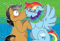 Size: 2600x1800 | Tagged: safe, artist:peanutcat62, quibble pants, rainbow dash, g4, blushing, butt, female, kiss on the lips, kissing, male, plot, ship:quibbledash, shipping, shocked, spread wings, straight, wingboner, wings