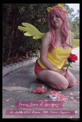 Size: 3456x5184 | Tagged: safe, artist:krazykari, fluttershy, human, g4, absurd resolution, clothes, cosplay, costume, flower, irl, irl human, photo, pony ears, shirt, shorts, solo