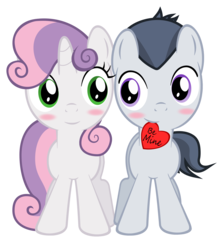 Size: 4815x5500 | Tagged: safe, artist:lunaticdawn, rumble, sweetie belle, pony, unicorn, g4, absurd resolution, blushing, colt, female, filly, foal, heart, male, ship:rumbelle, shipping, simple background, straight, transparent background