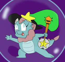Size: 1423x1375 | Tagged: safe, artist:ask-wisp-the-diamond-dog, artist:wisp the diamond dog, oc, oc:cindy, dragon, baby, baby dragon, banjo, crossover, ice dragon, musical instrument, space, wander over yonder, wander over yonder reference, wander's hat