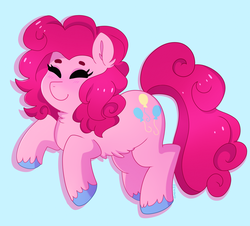 Size: 2604x2351 | Tagged: safe, artist:emera33, pinkie pie, earth pony, pony, g4, belly fluff, blue background, chest fluff, colored hooves, cute, diapinkes, ear fluff, eyes closed, female, fluffy, happy, high res, mare, simple background, smiling, solo, unshorn fetlocks