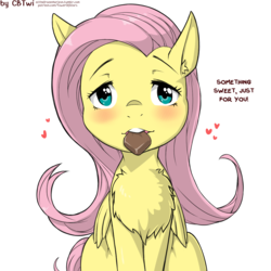 Size: 1200x1200 | Tagged: safe, artist:cold-blooded-twilight, fluttershy, pegasus, pony, g4, blushing, chest fluff, chocolate, cute, dialogue, female, food, heart, looking at you, shyabetes, solo, text