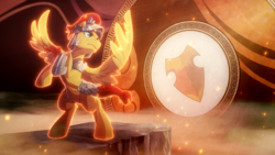 Size: 1920x1080 | Tagged: safe, artist:light262, part of a set, flash magnus, pegasus, pony, art pack:heroes ep, g4, shadow play, armor, badass, helmet, jycrow, male, rearing, shield, solo, spread wings, stallion, wallpaper, wings
