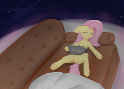 Size: 3480x2508 | Tagged: safe, artist:generallegion, fluttershy, pony, g4, computer, couch, female, high res, laptop computer, solo, space