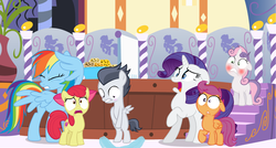 Size: 1601x859 | Tagged: safe, artist:jawsandgumballfan24, apple bloom, rainbow dash, rarity, rumble, scootaloo, sweetie belle, earth pony, pegasus, pony, unicorn, g4, blushing, covering, cutie mark crusaders, embarrassed, embarrassed nude exposure, female, floppy ears, implied erection, male, missing cutie mark, nudity, ponyville spa, reacting to nudity, rumbloom, shipping, spa, sponge, straight, towel, we don't normally wear clothes