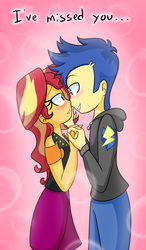 Size: 1024x1759 | Tagged: safe, artist:jake heritagu, flash sentry, sunset shimmer, equestria girls, g4, clothes, commission, cute, female, holding hands, holiday, hoodie, image macro, imminent kissing, male, ship:flashimmer, shipping, sparkles, straight, valentine's day