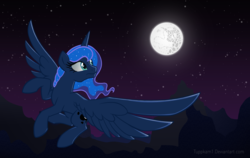 Size: 3000x1900 | Tagged: safe, artist:tuppkam1, princess luna, alicorn, pony, g4, female, flying, mare in the moon, moon, night, solo