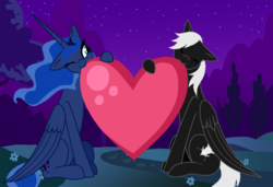 Size: 991x676 | Tagged: safe, artist:sky gamer, princess luna, oc, oc:alex sinfalair, alicorn, pegasus, pony, g4, canon x oc, heart, hearts and hooves day, holiday, love, lulex, romance, valentine's day