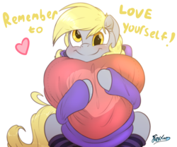 Size: 2400x2000 | Tagged: safe, artist:fluffyxai, derpy hooves, pony, g4, blushing, clothes, cute, daaaaaaaaaaaw, derpabetes, female, heart, hearts and hooves day, high res, hoodie, hug, motivational, pillow, simple background, smiling, socks, solo, striped socks, text, white background