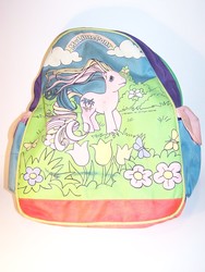 Size: 1536x2048 | Tagged: safe, photographer:kisscurl, hula hula (g1), piña colada (g1), pony, g1, backpack, irl, merchandise, photo, solo, tropical ponies