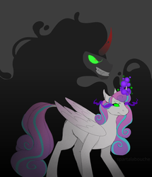 Size: 3006x3500 | Tagged: safe, artist:spartalabouche, king sombra, princess flurry heart, alicorn, pony, umbrum, unicorn, g4, blank flank, dark magic, duo, evil flurry heart, female, glowing eyes, grin, high res, horn, magic, male, possessed, smiling, sombra eyes, wings