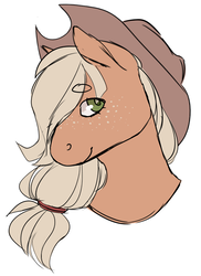 Size: 535x735 | Tagged: safe, artist:spartalabouche, applejack, earth pony, pony, g4, beanbrows, bust, cowboy hat, eyebrows, female, freckles, hair tie, hat, looking at you, mare, simple background, smiling, solo, white background