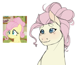 Size: 738x623 | Tagged: safe, artist:spartalabouche, fluttershy, pegasus, pony, flutter brutter, g4, alternate hairstyle, beanbrows, blushing, bust, comparison, eyebrows, female, scene interpretation, simple background, solo, white background