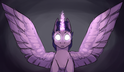 Size: 1757x1025 | Tagged: safe, artist:spartalabouche, twilight sparkle, alicorn, pony, g4, female, glowing eyes, glowing horn, horn, magic, simple background, solo, spread wings, twilight sparkle (alicorn), wings