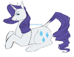 Size: 500x386 | Tagged: safe, artist:spartalabouche, rarity, pony, unicorn, g4, beanbrows, cutie mark, dock, eyebrows, female, horn, looking at you, lying, simple background, smiling, solo, white background