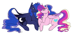 Size: 1280x615 | Tagged: safe, artist:spartalabouche, princess cadance, princess luna, alicorn, pony, g4, beanbrows, cutie mark, eyebrows, female, horn, infidelity, leonine tail, lesbian, looking at each other, lundance, mare, shipping, simple background, smiling, white background, wings