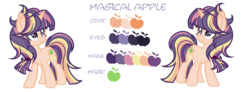 Size: 1792x660 | Tagged: safe, artist:xxmelody-scribblexx, oc, oc only, oc:magical apple, pony, unicorn, female, magical lesbian spawn, mare, offspring, parent:applejack, parent:twilight sparkle, parents:twijack, reference sheet, simple background, solo, transparent background