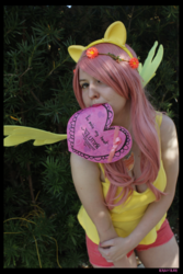 Size: 3456x5184 | Tagged: safe, artist:krazykari, fluttershy, human, g4, absurd resolution, clothes, cosplay, costume, holiday, irl, irl human, mouth hold, photo, pony ears, shirt, shorts, solo, valentine, valentine's day