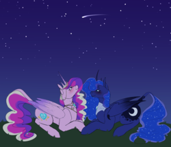 Size: 2000x1709 | Tagged: safe, artist:spartalabouche, princess cadance, princess luna, alicorn, pony, g4, blushing, cutie mark, female, horn, infidelity, jewelry, leonine tail, lesbian, lundance, lying, mare, meteor, regalia, shipping, shooting star, sky, smiling, stargazing, stars, wings