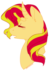 Size: 932x1332 | Tagged: safe, artist:spartalabouche, sunset shimmer, pony, unicorn, g4, beanbrows, blushing, bust, eyebrows, eyes closed, female, horn, open mouth, simple background, solo, transparent background