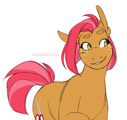 Size: 1522x1434 | Tagged: safe, artist:spartalabouche, babs seed, earth pony, pony, g4, aside glance, beanbrows, cutie mark, eyebrows, female, freckles, raised leg, simple background, smiling, solo, white background