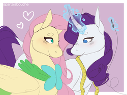 Size: 2000x1500 | Tagged: safe, artist:spartalabouche, fluttershy, rarity, pegasus, pony, unicorn, g4, blushing, clothes, female, glowing horn, heart, horn, leonine tail, lesbian, looking at each other, magic, measuring tape, sewing, ship:flarity, shipping, smiling, wings