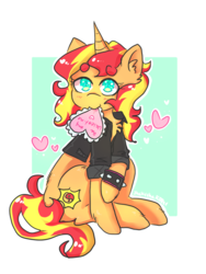 Size: 960x1280 | Tagged: safe, artist:jackytheripperart, sunset shimmer, pony, unicorn, g4, chest fluff, clothes, cute, female, heart, holiday, jacket, mare, mouth hold, shimmerbetes, sitting, solo, valentine's day