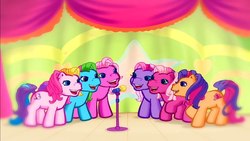 Size: 1280x720 | Tagged: safe, screencap, cheerilee (g3), pinkie pie (g3), rainbow dash (g3), scootaloo (g3), starsong, toola-roola, g3, meet the ponies, starsong's dance & sing party, core seven, make a new friend every day, microphone, singing, stage