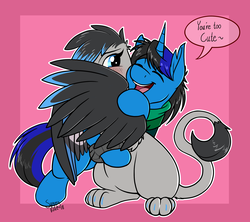 Size: 4000x3548 | Tagged: safe, artist:sugaryviolet, oc, oc only, oc:emilia, griffon, pony, unicorn, commission, cute, female, male, oc x oc, shipping, speech bubble, stallion, straight