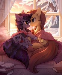 Size: 1323x1600 | Tagged: safe, artist:tomatocoup, oc, oc only, oc:radiant star, oc:rune riddle, earth pony, pegasus, pony, bed, blanket, book, chest fluff, commission, cozy, cuddling, cute, daaaaaaaaaaaw, duo, ear fluff, eye contact, featured image, female, floppy ears, holding hooves, hoof fluff, lidded eyes, looking at each other, male, mare, oc x oc, prone, runestar, shipping, sitting, smiling, snow, stallion, straight, tree, unshorn fetlocks, window, wing fluff, winter, ych result