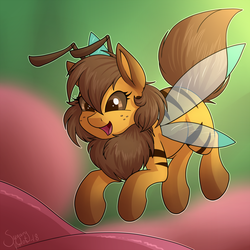 Size: 1280x1280 | Tagged: safe, artist:sugaryviolet, oc, oc only, oc:beeatrice, bee pony, original species, pony, blurry background, cute, female, flying, happy, mare, ocbetes, open mouth, signature, smiling, solo