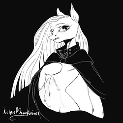 Size: 1000x1000 | Tagged: safe, artist:kelpiemoonknives, pinkie pie, earth pony, semi-anthro, g4, belly, belly button, cloak, clothes, female, grayscale, mare, monochrome, pinkamena diane pie, solo