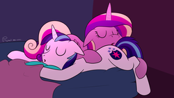 Size: 2560x1440 | Tagged: safe, artist:rupert, princess cadance, shining armor, alicorn, pony, unicorn, g4, bed, bedsheets, blank flank, cute, female, floppy ears, male, mare, prone, ship:shiningcadance, shipping, sleeping, stallion, straight