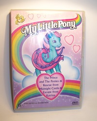 Size: 1469x1838 | Tagged: safe, photographer:kisscurl, ivy, bird, earth pony, pony, g1, g2, my little pony 'n friends, my little pony: escape from catrina, rescue at midnight castle, the prince and the ponies, bow, cute, dvd cover, female, irl, ivybetes, mare, merchandise, my little pony logo, photo, solo, tail bow, you had one job