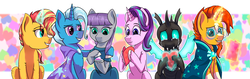 Size: 2070x650 | Tagged: safe, artist:kiarawizard01, maud pie, starlight glimmer, sunburst, sunset shimmer, thorax, trixie, changeling, earth pony, pony, unicorn, g4, blushing, crying, female, glowing horn, holiday, horn, magic, male, mare, stallion, valentine's day