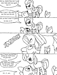 Size: 837x1097 | Tagged: safe, artist:closer-to-the-sun, apple bloom, spike, dragon, g4, angry, apple bloom's bow, blank flank, blushing, bow, caught, comic, cute, female, filly, hair bow, kissing, male, monochrome, pinned down, ship:spikebloom, shipping, smooch, speech bubble, straight
