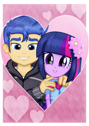 Size: 1600x2265 | Tagged: safe, artist:jucamovi1992, flash sentry, twilight sparkle, equestria girls, g4, my little pony equestria girls: better together, alternate hairstyle, duo, female, flower, heart, male, ship:flashlight, shipping, smiling, straight