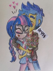 Size: 1024x1365 | Tagged: safe, artist:ro994, flash sentry, sci-twi, twilight sparkle, equestria girls, g4, alternate hairstyle, female, flower, glasses, heart, kissing, male, ship:flashlight, ship:sci-flash, shipping, smiling, straight, traditional art