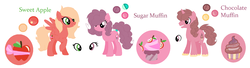 Size: 1024x280 | Tagged: safe, artist:semlandraw, oc, oc only, oc:chocolate muffin, oc:sugar muffin, oc:sweet apple, earth pony, pegasus, pony, unicorn, base used, female, half-siblings, male, mare, offspring, parent:big macintosh, parent:fluttershy, parent:sugar belle, parents:fluttermac, parents:sugarmac, reference sheet, simple background, stallion, white background